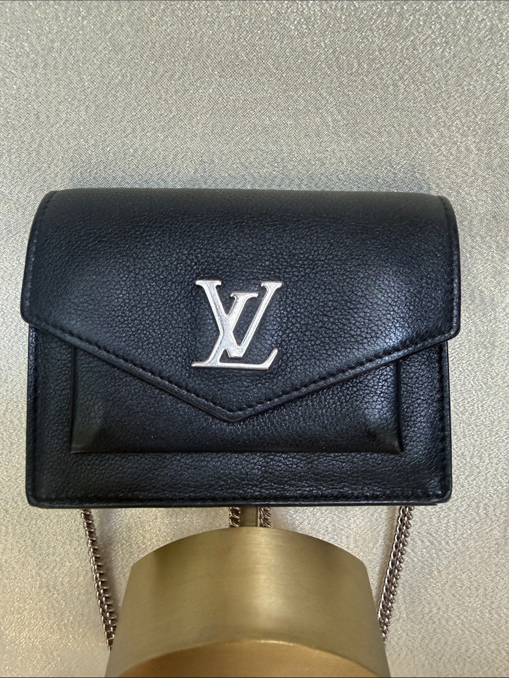 Louis Vuitton Black Leather Mylockme Mini Crossbody with Silver LV Logo